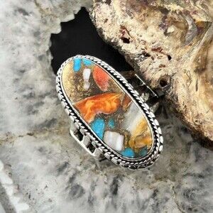 Sterling Southwestern Style Oval Spiny Oyster Turquoise Ring Size 7.25 For Women